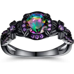 Women Eternity Ring 18K Black Gold Plated Mystic Topaz Halo Statement Jewelry